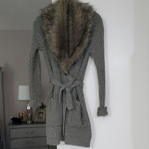 Jessica Simpson Gray Knit Cardigan with Faux Fur Collar